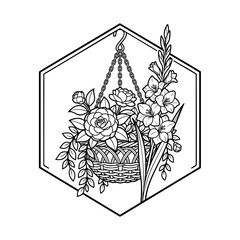 Obraz premium hanging basket with camellias and gladiolus flowers, detailed botanical illustration