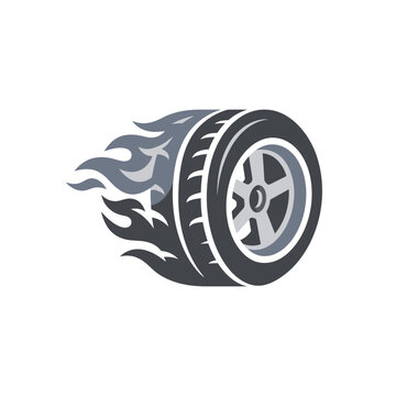 Speeding wheel icon with trailing fire flames effect
