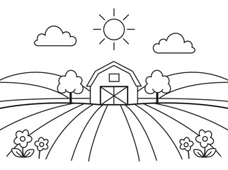 Wieś, kontur kreskówki rysowany ręcznie, ilustracja Line Art, kolorowanka dla dzieci