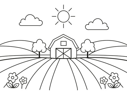 Wieś, kontur kresk&oacute;wki rysowany ręcznie, ilustracja Line Art, kolorowanka dla dzieci