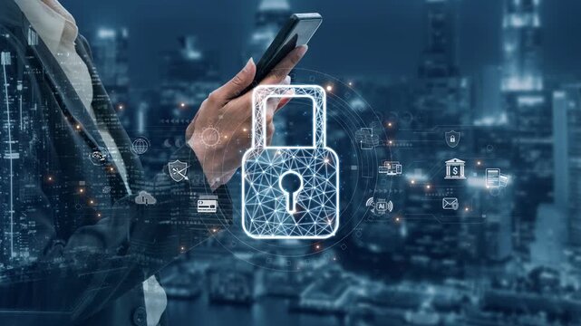 Cybersecurity protection system showing password encryption, fingerprint ID, cloud security, email, credit card, and database lock for secure data access Marrow