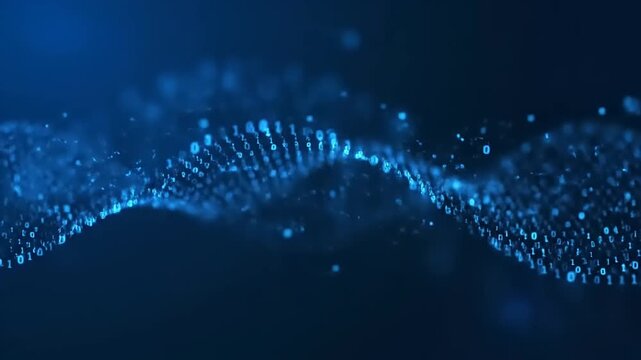 Binary code wave flows across a dark blue digital technology background.
