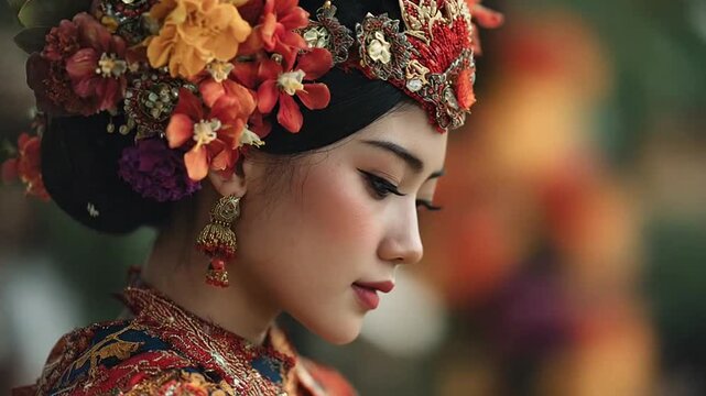 Balinese woman wearing traditional floral headpiece and gold jewelry.