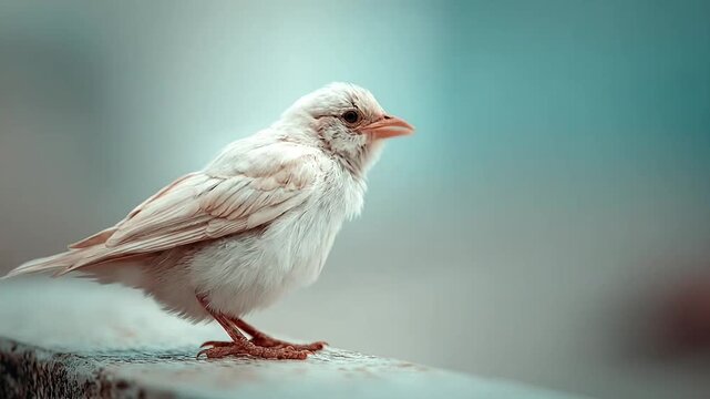 Small albino bird standing on a concrete ledge profile.
