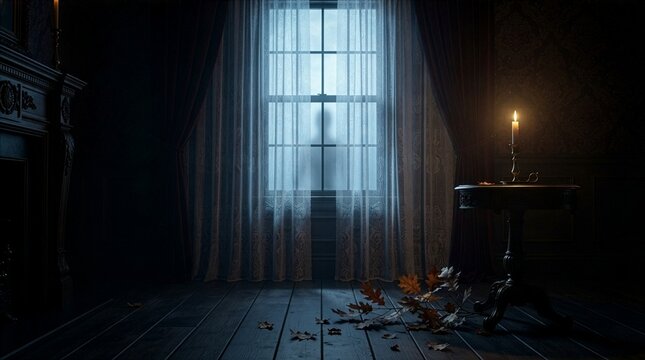 Mysterious Ghostly Figure Behind a Curtain in a Dark Haunted Room