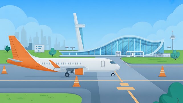 A stylized 3D rendered illustration of a silver commercial airplane parked at a modern airport terminal on a bright day