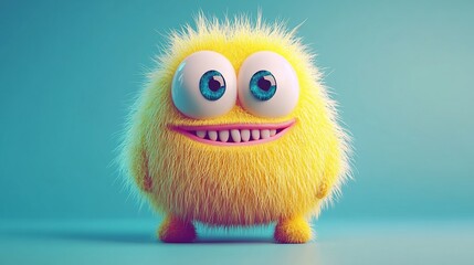 Fototapeta premium Fluffy yellow cartoon character with big eyes smiles on a blue background