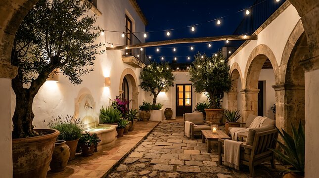 Premium Mediterranean villa courtyard at night with warm string lights