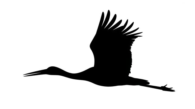 A black and white vintage style illustration of a majestic stork in flight silhouette isolated on a plain background