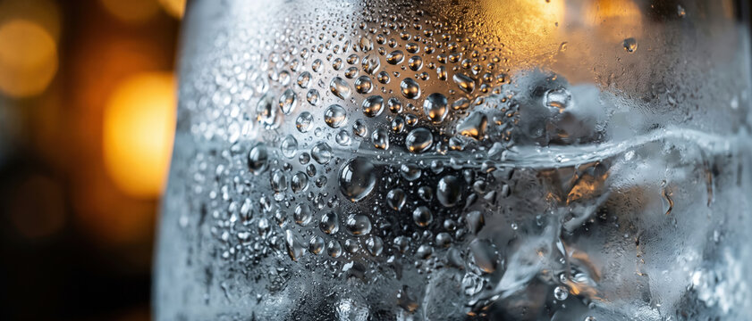 Wide view of a glass of ice water with heavy condensation. Cold refreshing beverage with water droplets and warm bokeh background. Macro chilled drink texture