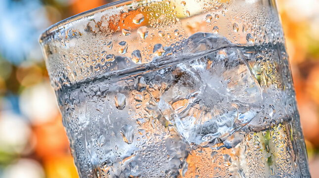 Close up of a glass of ice water with condensation and large ice cubes. Cold refreshing summer beverage with water droplets against a bright colorful bokeh background. Hydration concept
