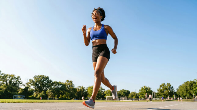Smiling young Black woman running on an outdoor track. Happy female athlete jogging in the park on a sunny day. Healthy active lifestyle concept.