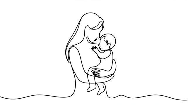 A minimalist black and white line drawing depicting a tender moment of a mother holding her newborn baby with continuous line art