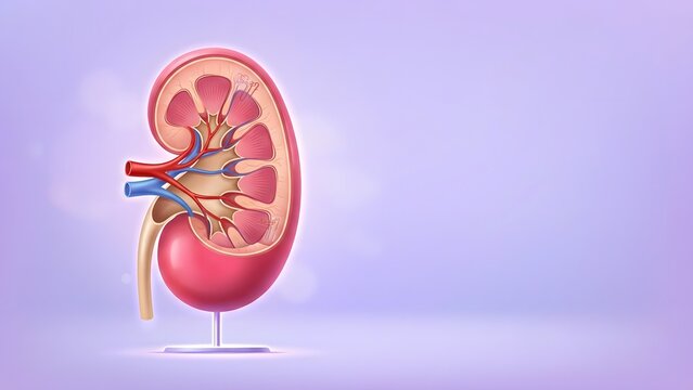 Anatomical cross-section of a human kidney showing its internal structures with renal artery, vein, and ureter.