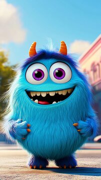 Fuzzy blue monster with orange horns smiles against a sunny city backdrop