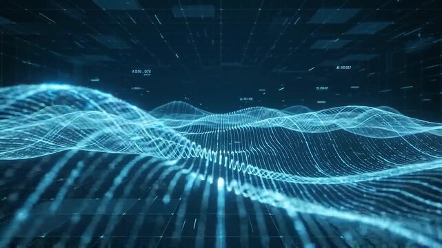 Digital wave data grid glowing in cyberspace representing futuristic technology and communication network