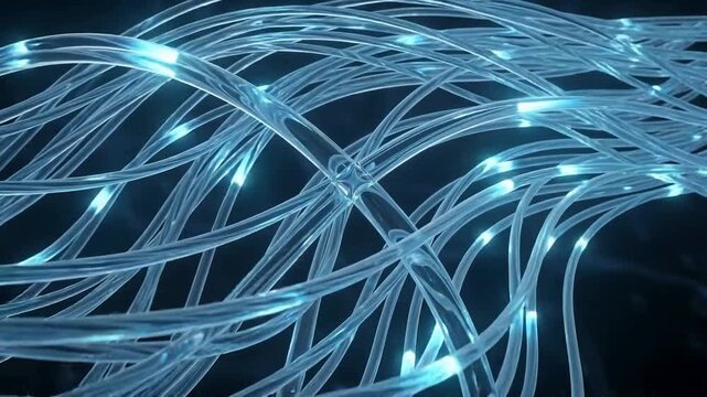 Fiber optic cables transmitting data signals through high speed telecommunication network infrastructure for digital communication and technology concept background