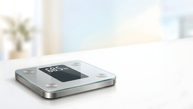 Modern digital glass body weight scale with illuminated display showing 68.5 kg on a clean white surface.