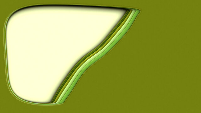 3D Render A stylized, abstract graphic element set against a solid green background with a smooth, flowing organic outline resembling a cut piece of paper or leaf