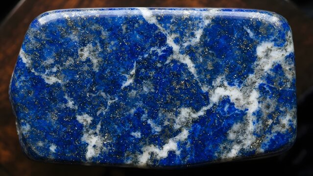 Close-up macro view of a polished lapis lazuli gemstone with vibrant blue color and golden pyrite inclusions.