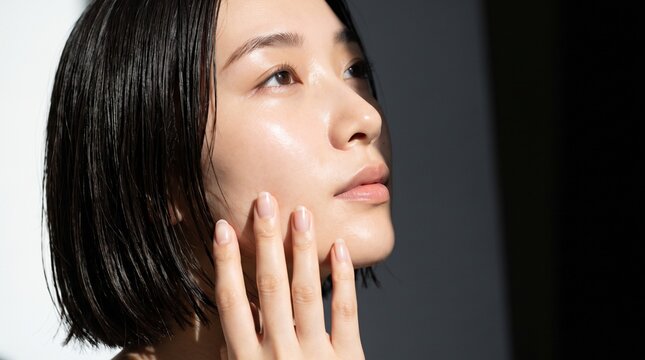 East Asian woman with glowing skin touching face, natural beauty and skincare concept.
