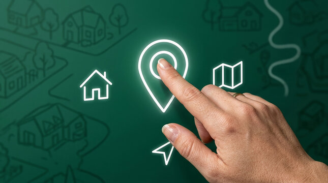 Close-up of human hand touching a glowing location pin icon on a digital map interface for real estate and navigation concept.