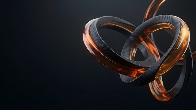 Abstract intertwined rings with dark carbon fiber and glowing amber accents on a dark background