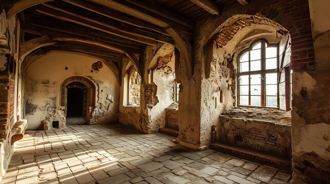 Ancient stone hall in a ruined monastery with arched windows and wooden beams