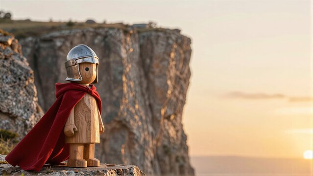Wooden knight stands atop cliff, gazing at sunsets golden glow.