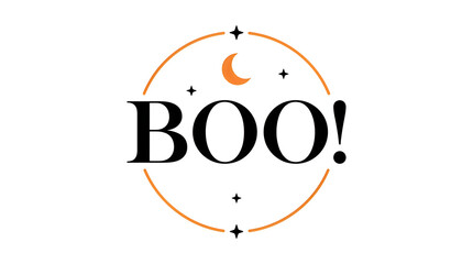 Minimalist "Boo!" typography design encircled by a crescent moon and stars, perfect for modern Halloween themes, invitations, and celestial decor. © Tanias Design