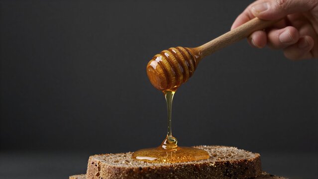 Hand drizzles golden honey from dipper onto rustic bread slice.