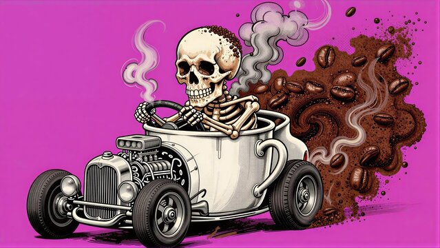 Skull drives coffee-powered hot rod, steam and beans explode in vibrant purple background.