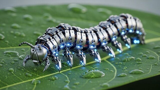 Futuristic Mechanical Centipede Robot Crawling on Green Leaf