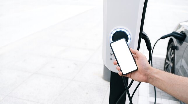 Electric Vehicle Charging Station with Blank Smartphone App Screen