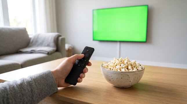 Hand holding remote and eating popcorn in front of green screen TV