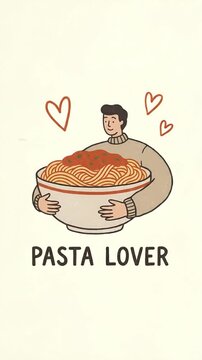 Minimalist cartoon of a man hugging a giant bowl of spaghetti pasta with hearts and text.