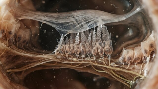 Close-up of a fish's otolith and hair cells, revealing intricate biological structures and sensory organs