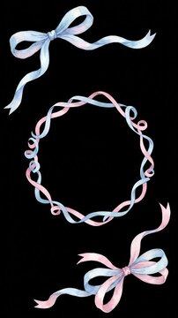 Pastel Pink and Blue Watercolor Ribbons and Bows Wreath Floating on Black Background