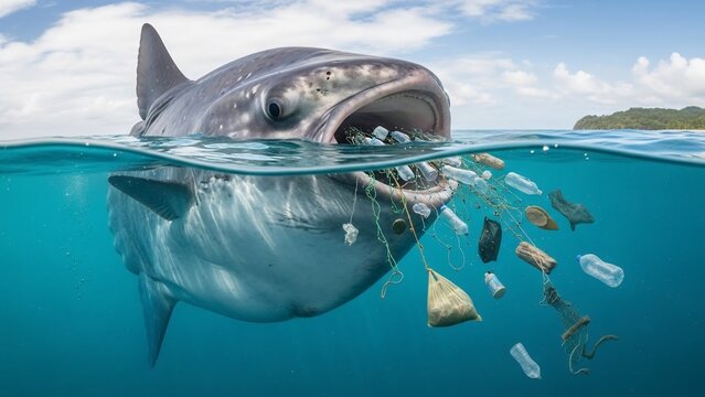 Whale Shark Consuming Ocean Plastic Waste Pollution