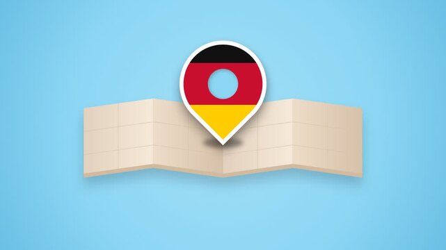 Germany Flag Map Pin Location Marker and Folded Paper Map Icon on Blue Background