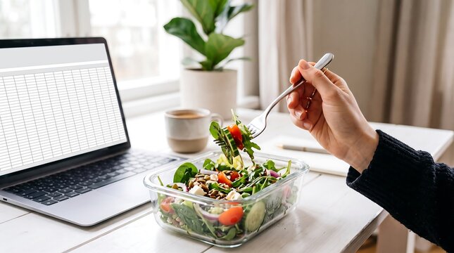 Healthy lunch break with fresh salad and laptop at home office