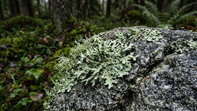 Close-up of pale green lichen growing on a dark, textured rock surface in a lush, mossy forest.