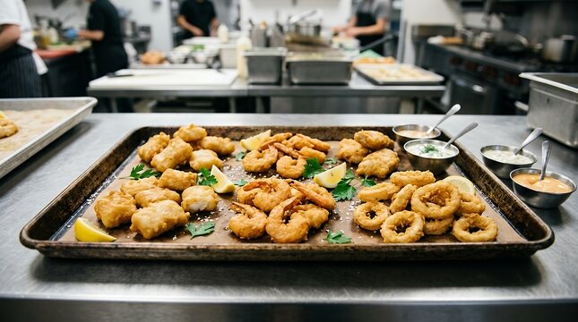 Freshly prepared crunchy battered seafood portions arranged on an industrial baking sheet ready for serving as a quick snack option fish stick crispy golden tray delicious food fried finger seafood