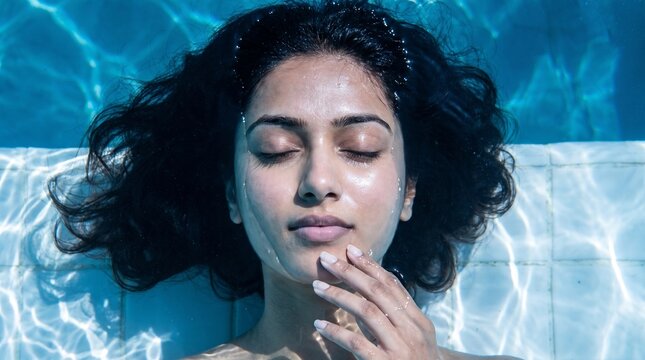 Indian woman floating peacefully in swimming pool water with eyes closed and serene expression
