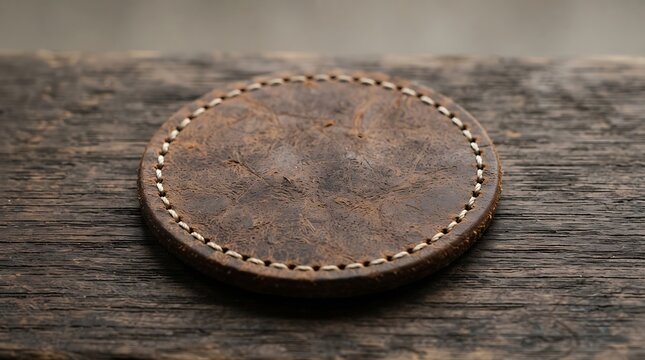 A close-up shot of a flame-circle leather patch resting on a rustic wooden table, showcasing handcrafted details and textured brown leather surface.