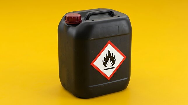 Black Flammable Liquid ContainerGraphic Isolated On Vibrant Yellow Surface Background canister container flammable liquid hazard fuel oil biofuel chemical dangerous substance explosive