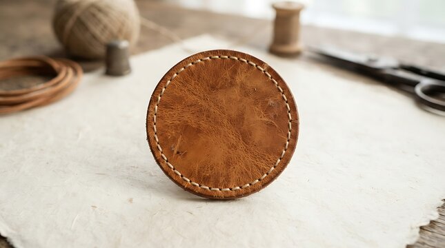 A handmade flame-circle leather patch sits proudly on a rustic workbench surrounded by artisan crafting tools, thread, and natural materials.