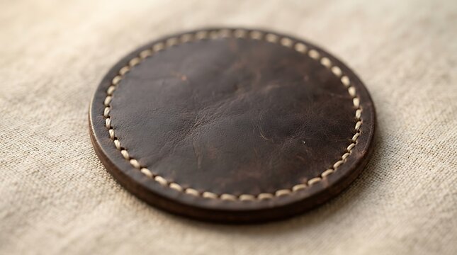 A handmade flame-circle leather patch rests elegantly on a neutral textured linen surface, showcasing fine hand-stitched detailing and vintage aesthetics