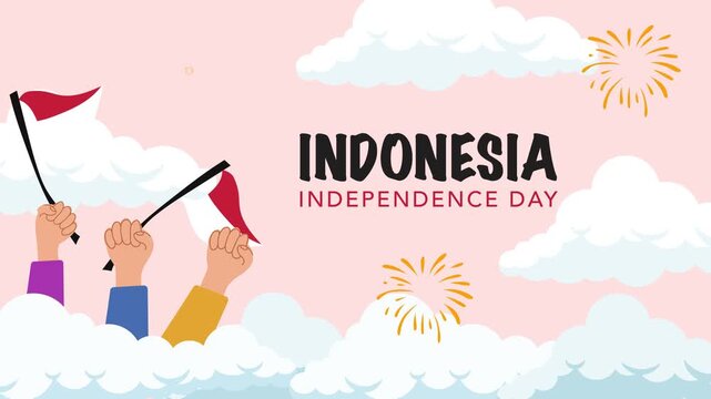 Flat Indonesia Independence Day Celebration Banner with Waving Flags and Fireworks.Animation Background
