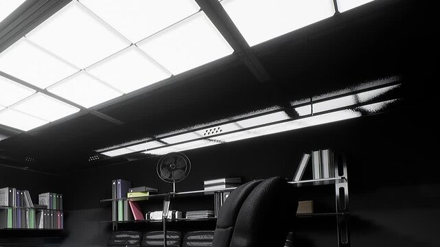 An office space features black walls and shelves filled with files and books. A fan sits on the floor, and bright lights are on the ceiling. This scene shows a typical work environment.